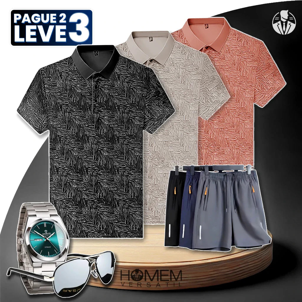 [Pague 2, Leve 3] Kit de Camisas Polo Vex Texturizada de Seda Gelo + BRINDES: 3 Bermudas, Relógio e Óculos